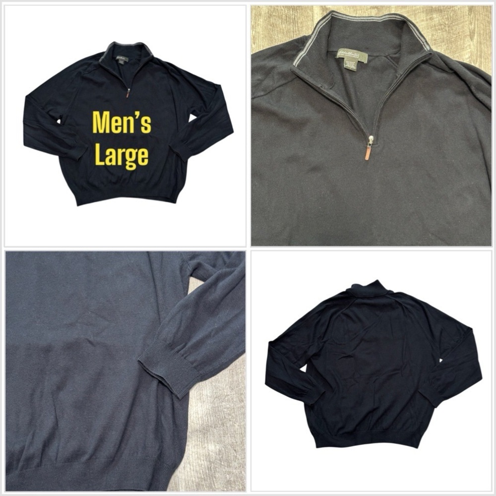 Mens Eddie Bauer Large Quarter 1/4 Zip Sweatshirt Sweater Gray Long Sleeve Black